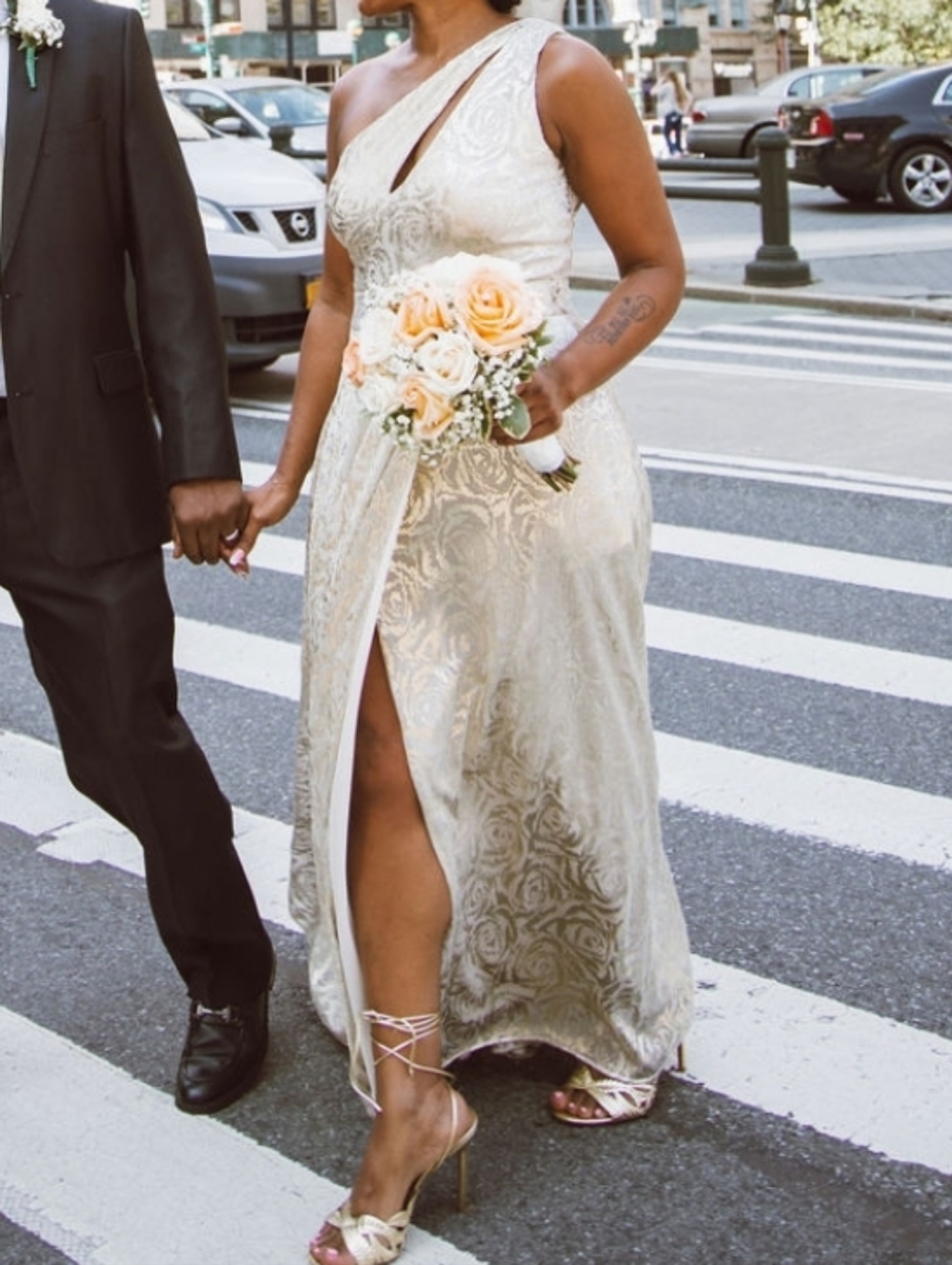 One-Shoulder Cream Brocade Evening Gown - Picture 3 of 10